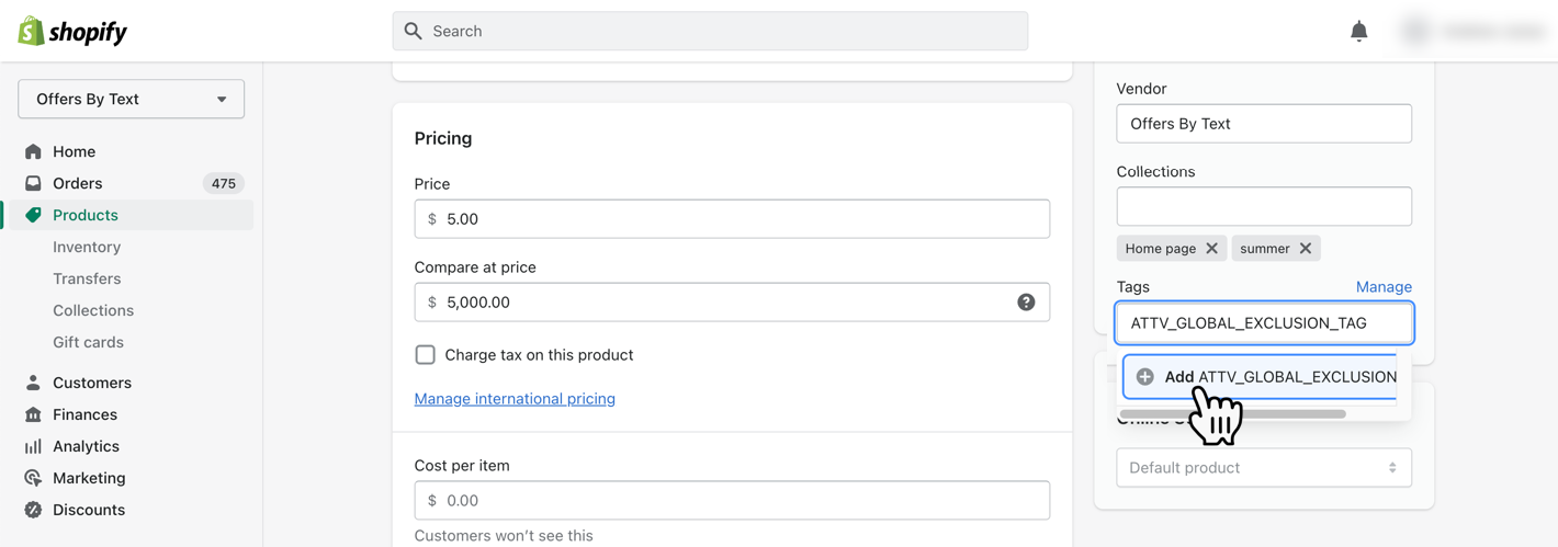 Adding the ATTV_GLOBAL_EXCLUSION_TAG to a product in Shopify.