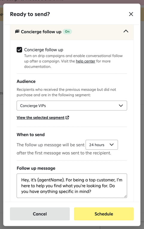 Concierge follow-up message options.
