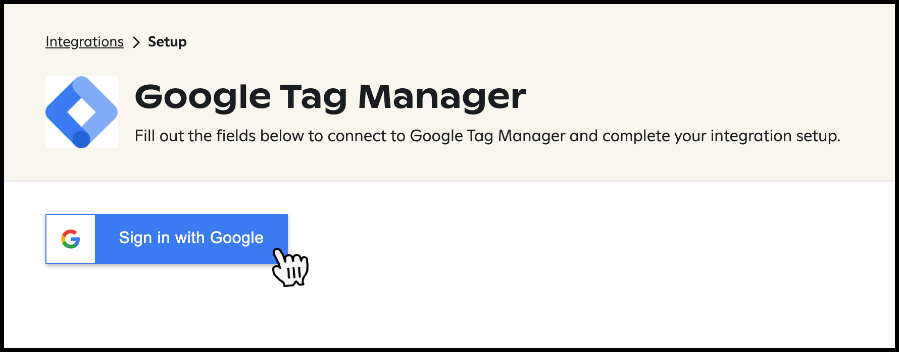 Google Tag Manager integration setup page in Attentive. A 'Sign in with Google' button is prominent, with a cursor hovering over it.