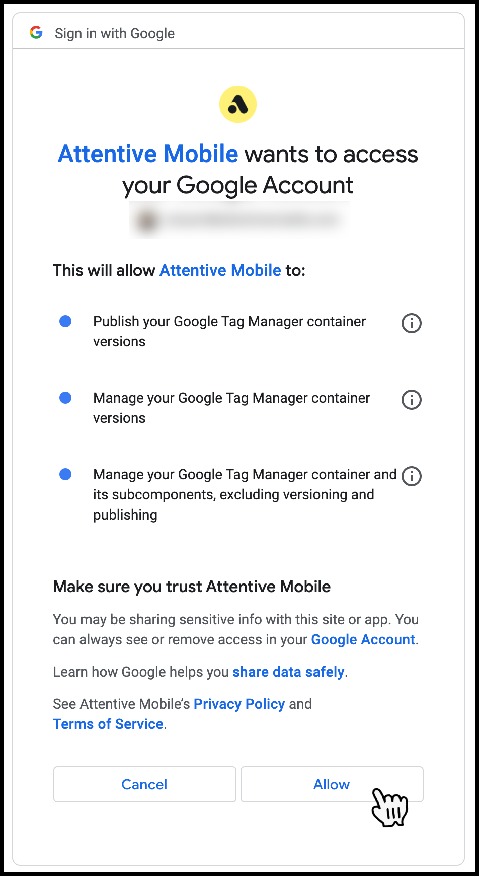 Google account permissions screen. It shows Attentive Mobile requesting access to Google Tag Manager container versions, with the 'Allow' button highlighted by a cursor.