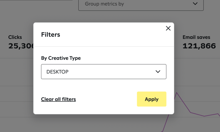 Pop-up window with filter dropdown and option to clear all filters.