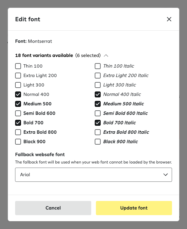 Editing a custom font in the popup window.