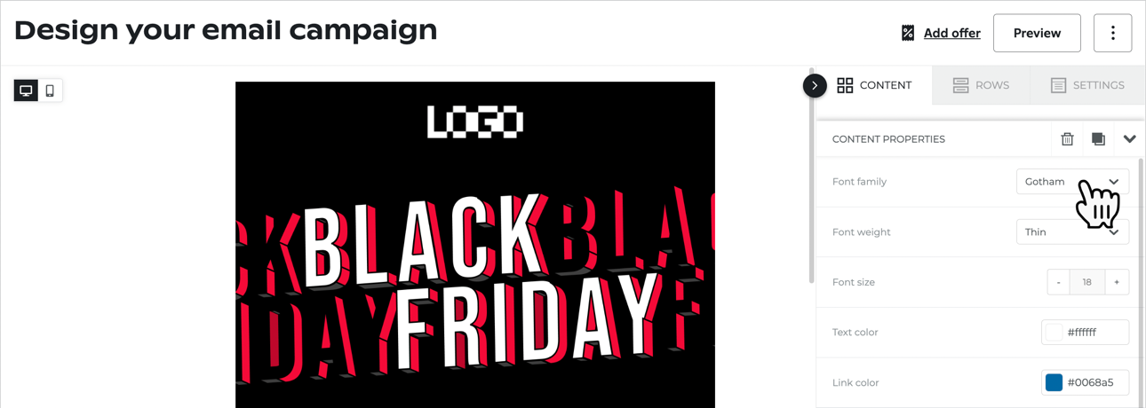 Selecting a custom font in the email editor.