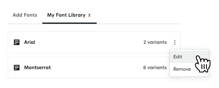 Clicking the three dots and clicking Edit to edit a custom font.