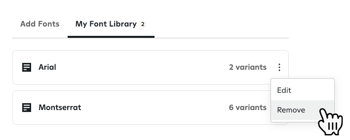 Clicking the three dots and clicking Remove to remove a custom font.