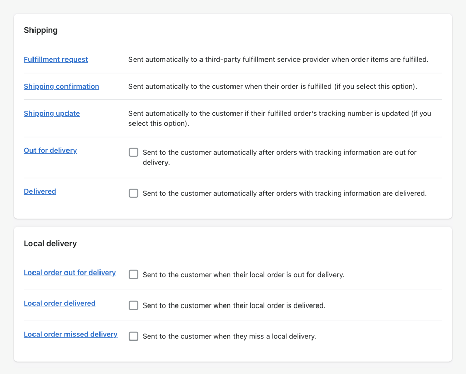 Unchecking shipping and local delivery notification options in Shopify.