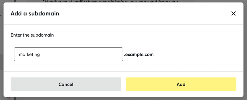 Entering the subdomain name in the Add a subdomain popup.