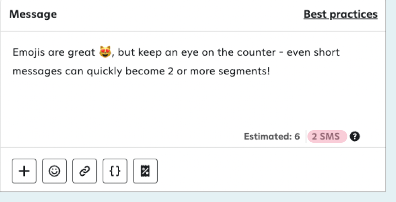 Using the character counter in the campaign message composer to see billable message segments with an emoji