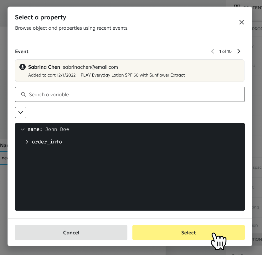 Searching for and selecting a variable in the 'Select a property' popup.