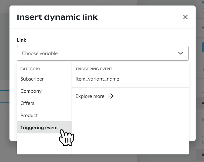 Clicking 'Triggering event' in the 'Insert dynamic link' popup.