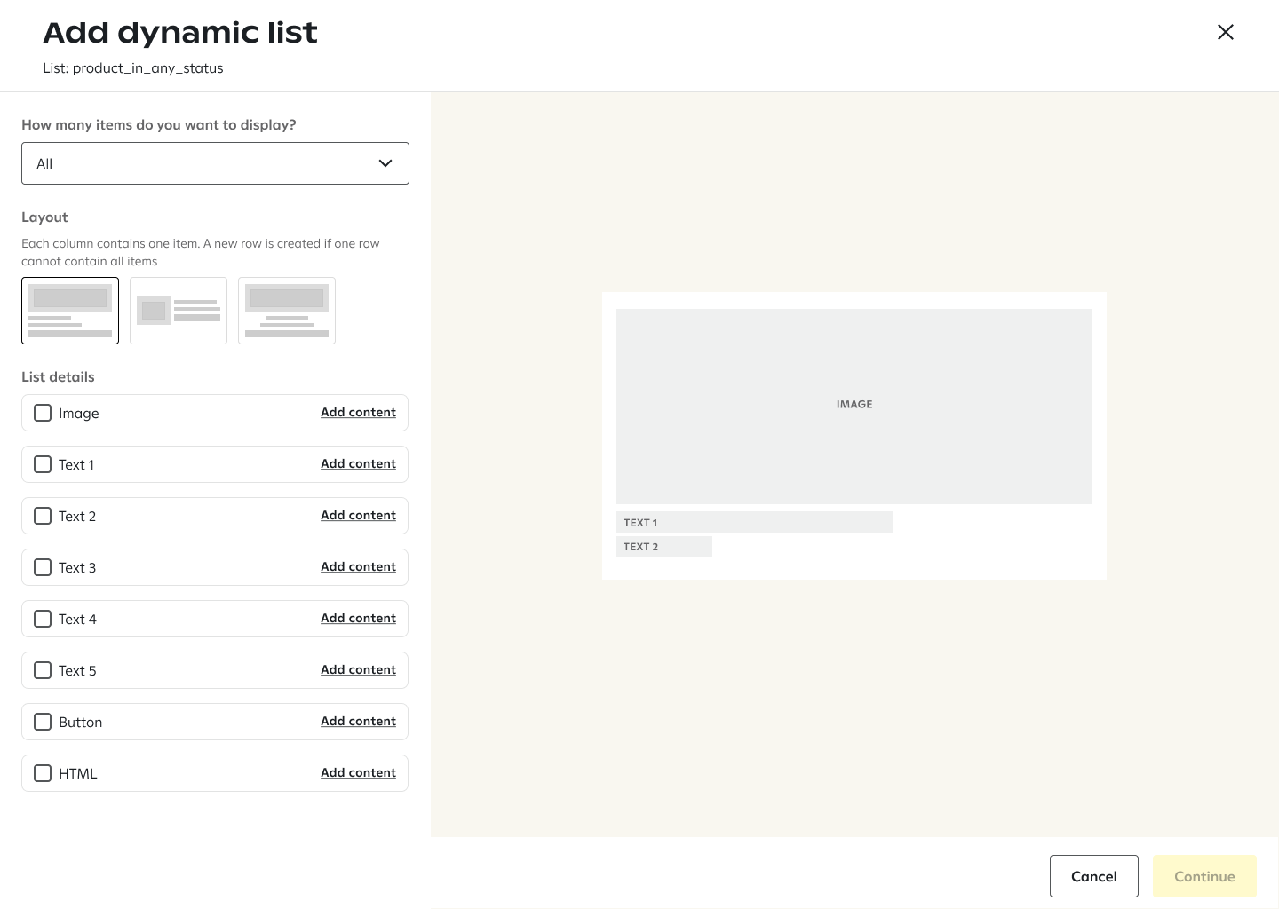 User view of the 'Add dynamic list' page, including options to specify the number of items displayed, the layout, and to select and edit individual list items.