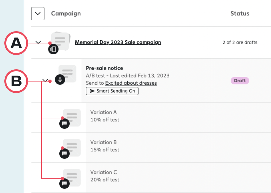 Email campaign draft list with variations