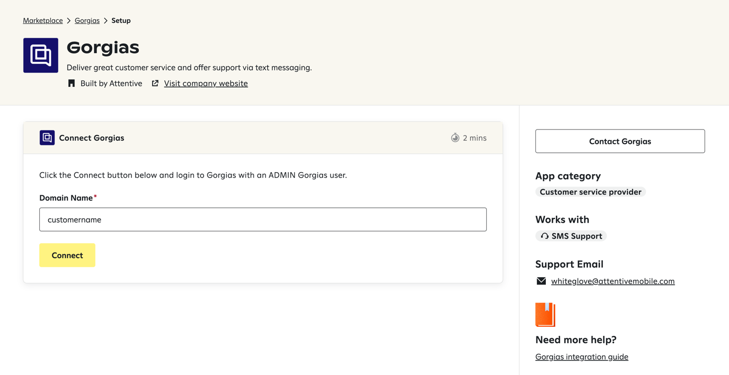 Entering the Gorgias Domain Name on the app setup page for Gorgias in Attentive.