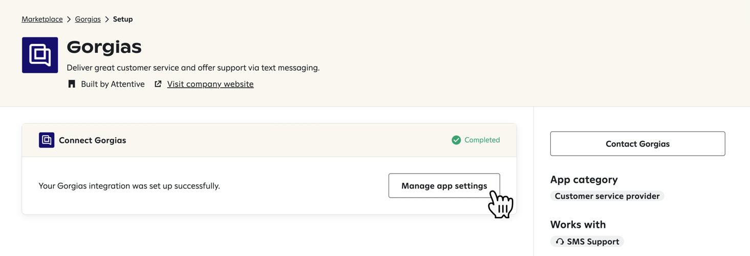 Clicking the 'Manage app settings' button in Attentive.