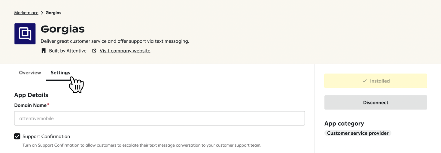 The 'Settings' tab for the Gorgias integration in Attentive.