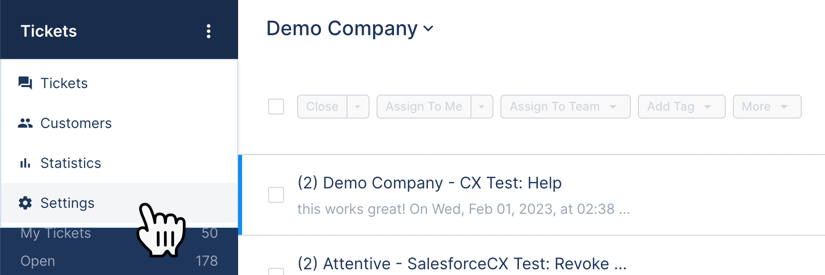 The 'Settings' option in the side navigation in Gorgias.