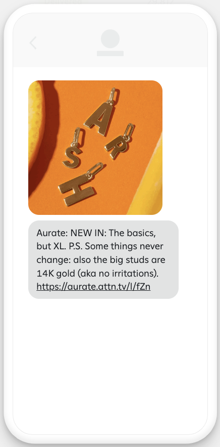 Text message describing a product and an accompanying product image.