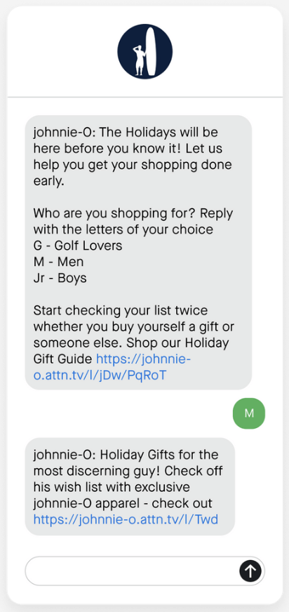 Text message asking subscriber who they're shopping for in order to receive gift recommendations for the chosen recipient.