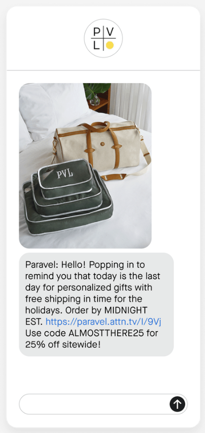 Text message reminding subscriber about end of sale on personalized items.