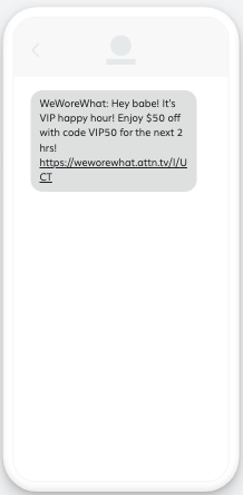 Text message announcing a 'VIP happy hour' sale.
