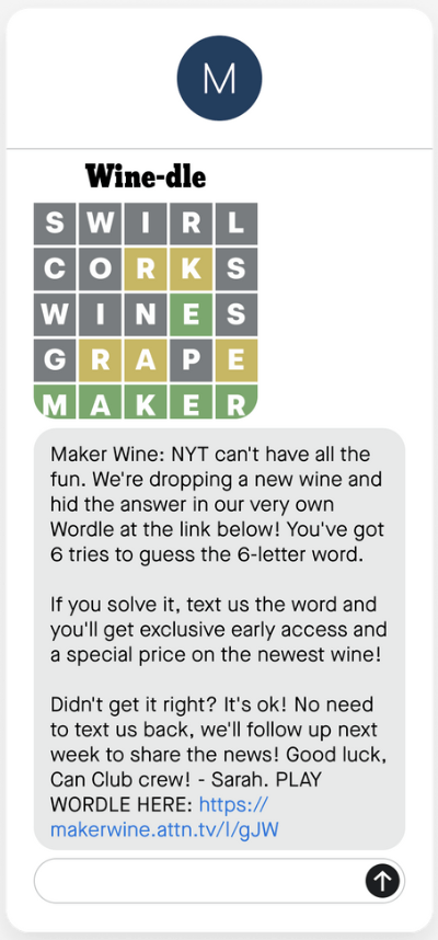 Text message asking subscriber to guess the name of a product.