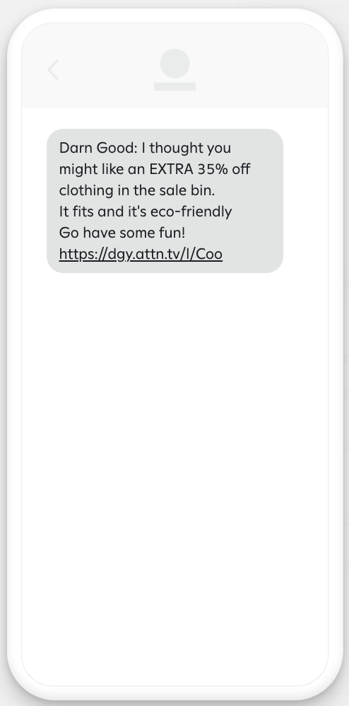 Example text message with an offer code and a link to the merchant's website.