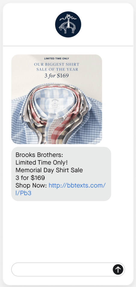 Example text message announcing a Memorial Day sale with a link to sale items.