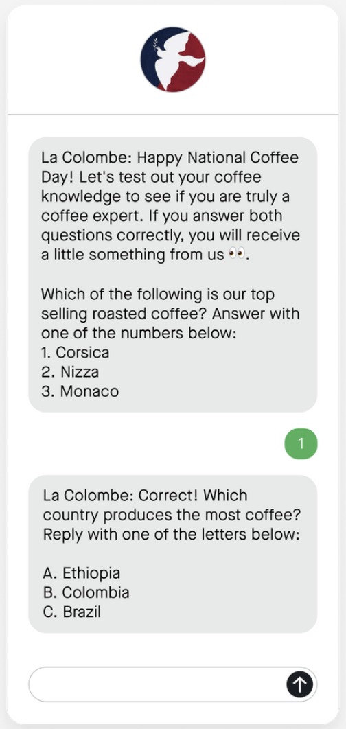 Example text messages using a texted-a-keywork journey quizzing a subscriber about their coffee knowledge.