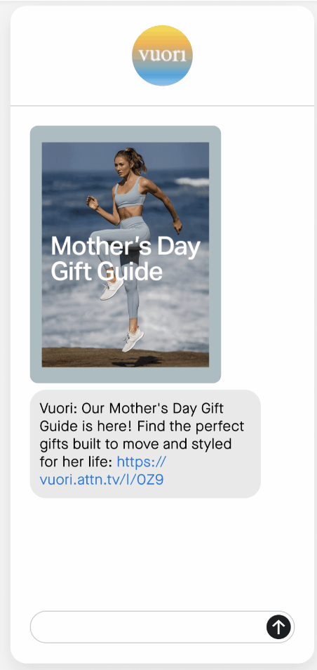 Example text message announcing a Mother's Day gift guide with a link to the guide.
