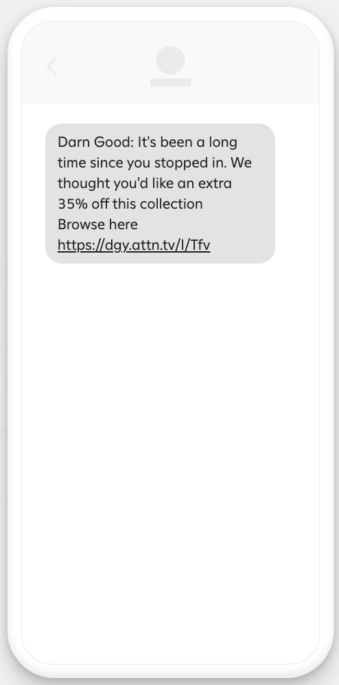 Example text message with an offer code and a link to the merchant's website.