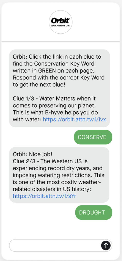 Example text messages using a texted-a-keywork journey asking subscribers to guess a word with links to a product.