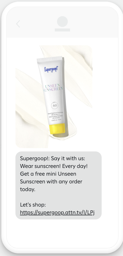 Example text message announcing National Sunscreen Day with a link to the merchant's website.