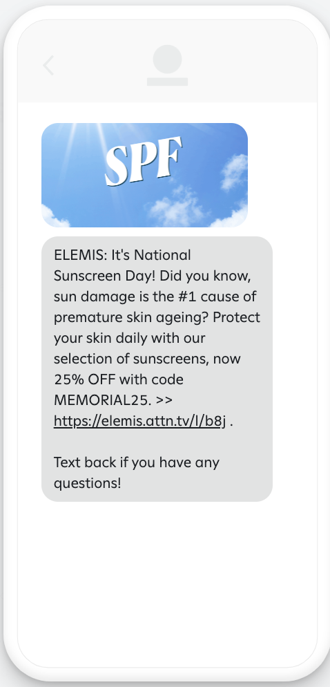 Example text message announcing National Sunscreen Day with an offer code and link to the merchant's website.