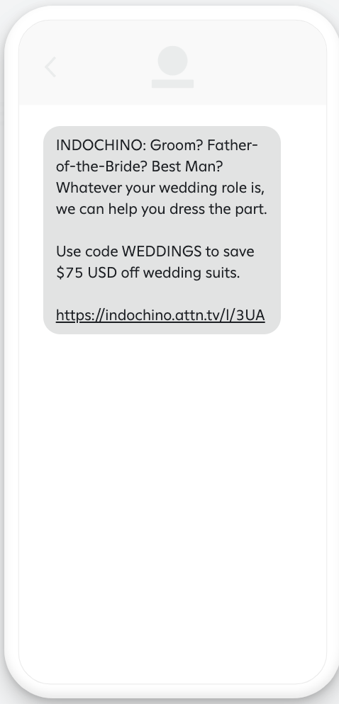 Example text message with wedding-related copy, an offer code, and a link to the merchant's website.