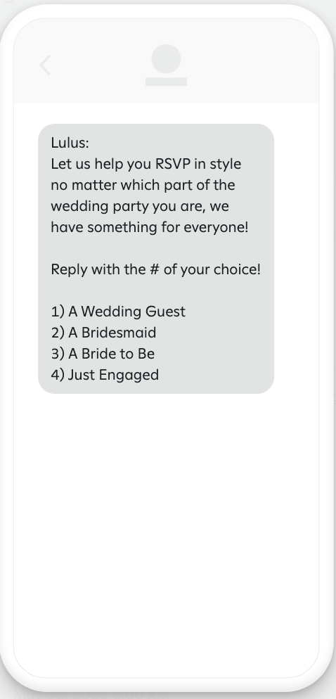 Example text message encouraging subscribers to text back with a number indicating how they'll be participating in an upcoming wedding.
