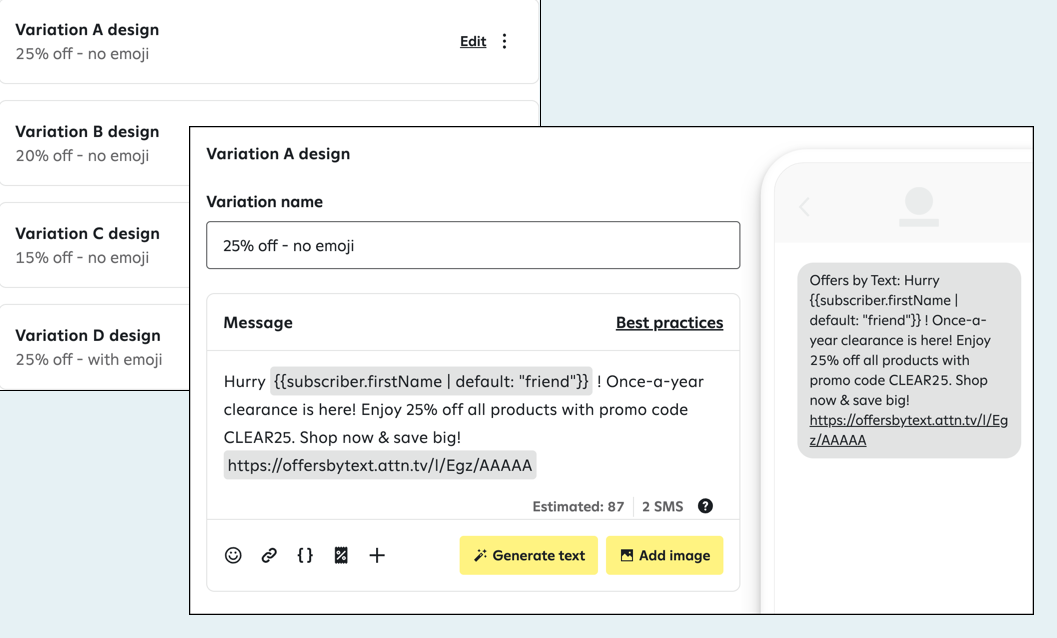 Content A/B test with four variations.