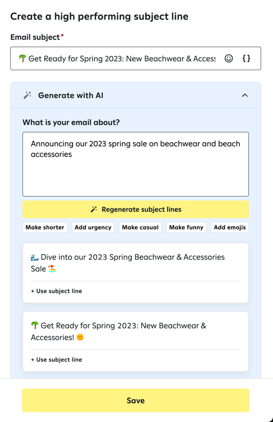 Writing a subject line in the Attentive UI with options to choose an AI-generated subject line or regenerate AI subject lines with different options, such as 'make shorter' or 'add urgency'.