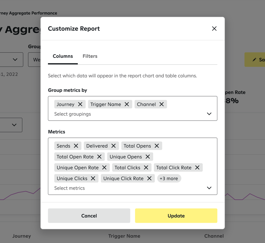 Options to customize how metrics are grouped, which metrics are included, and which filters are applied.