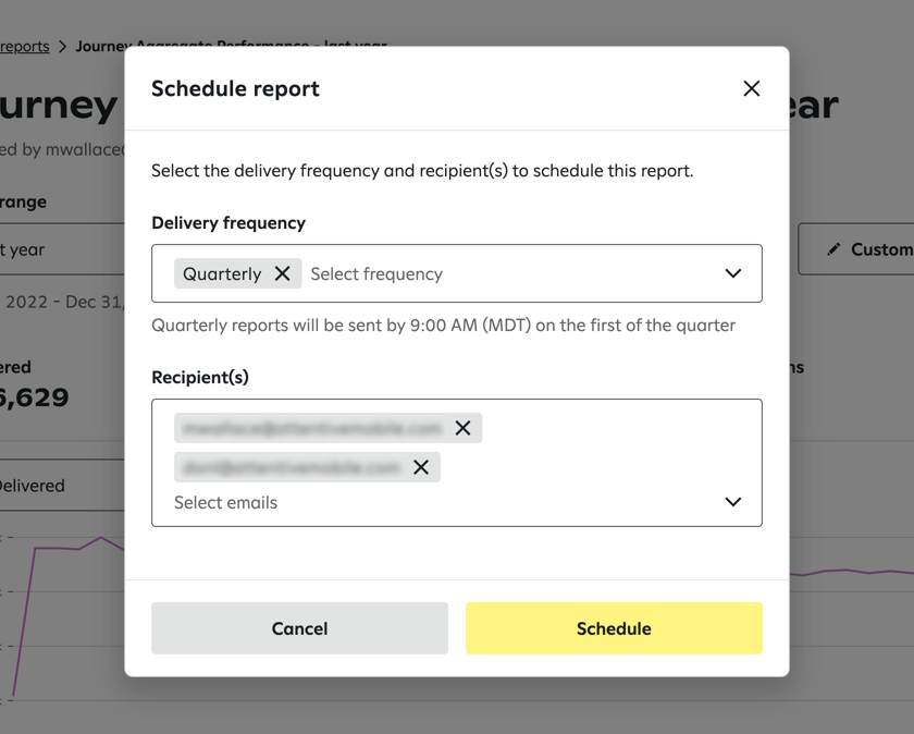 Selecting delivery frequency and recipients in the popup.