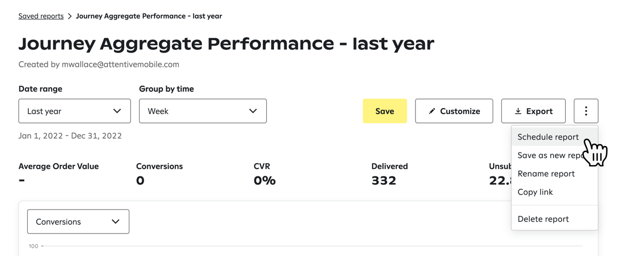 Clicking the option to schedule a report at the top of a report.