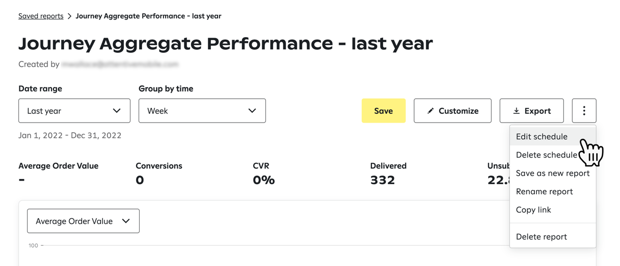 Clicking the option to edit a report's schedule on the Saved reports tab on the Reports page.