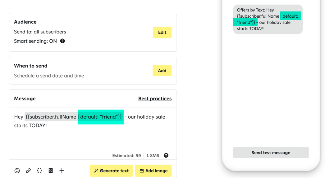 'Friend' appearing as the default value in the message preview.