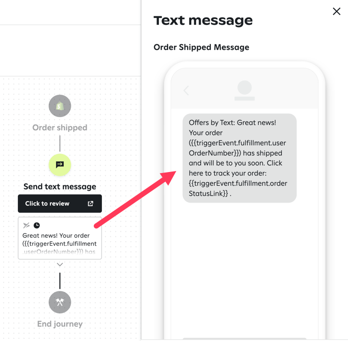 Example Shopify order shipped transactional journey.
