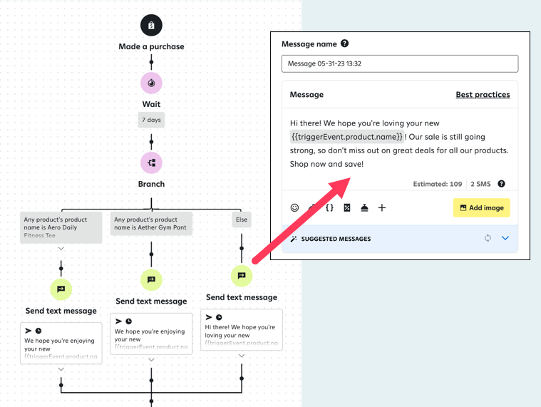 Example post-purchase journey with branching on product data.