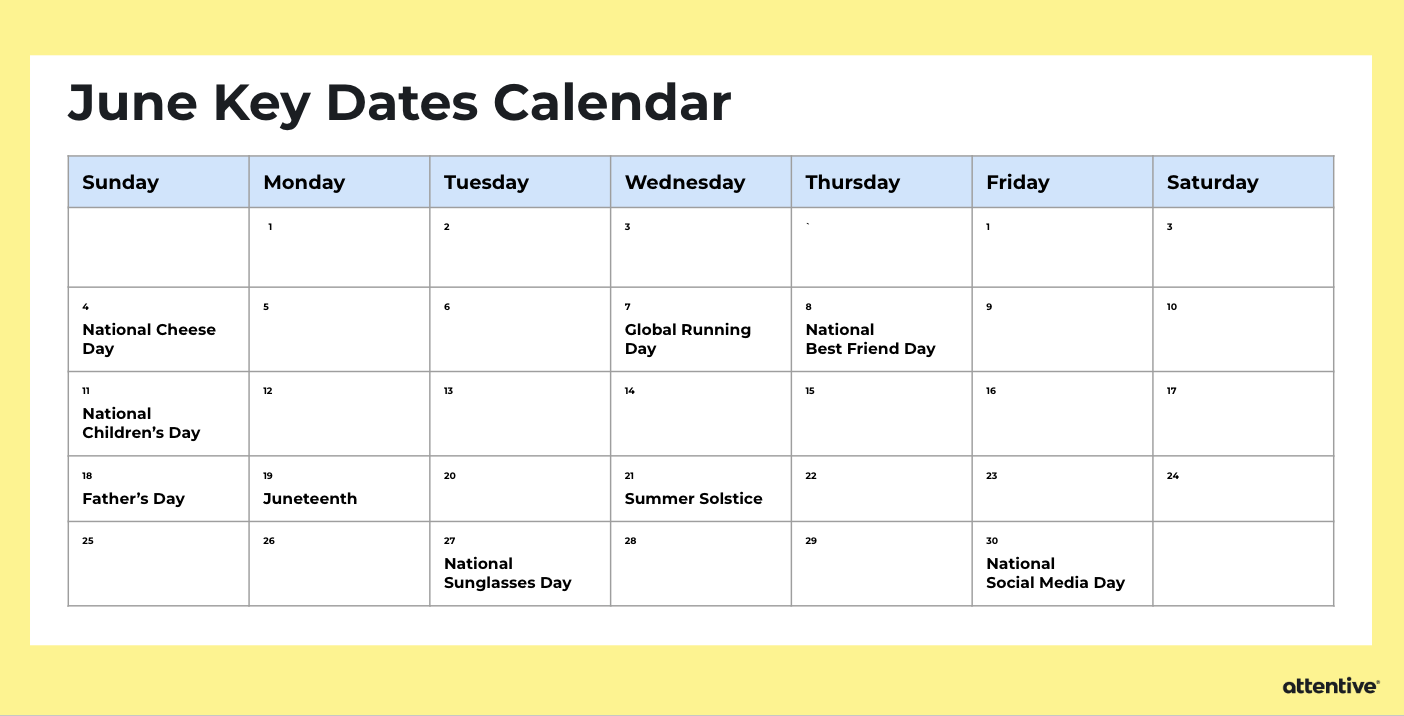 Calendar of key holidays and marketing opportunities in June.