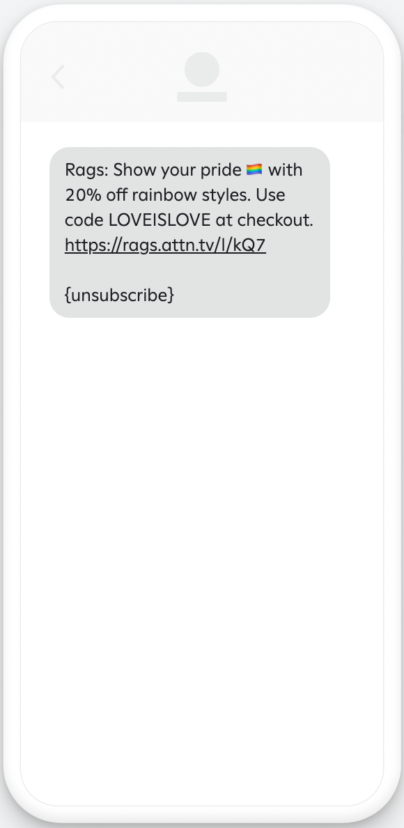 Example Pride message with emoji and offer code.