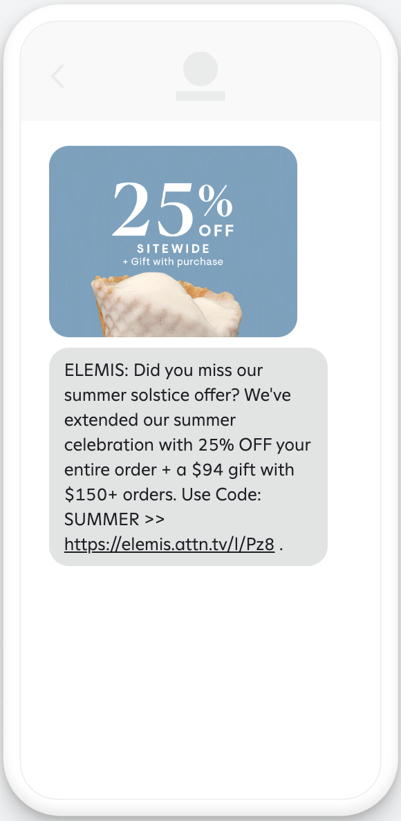 Example Summer Solstice message with image and offer link.