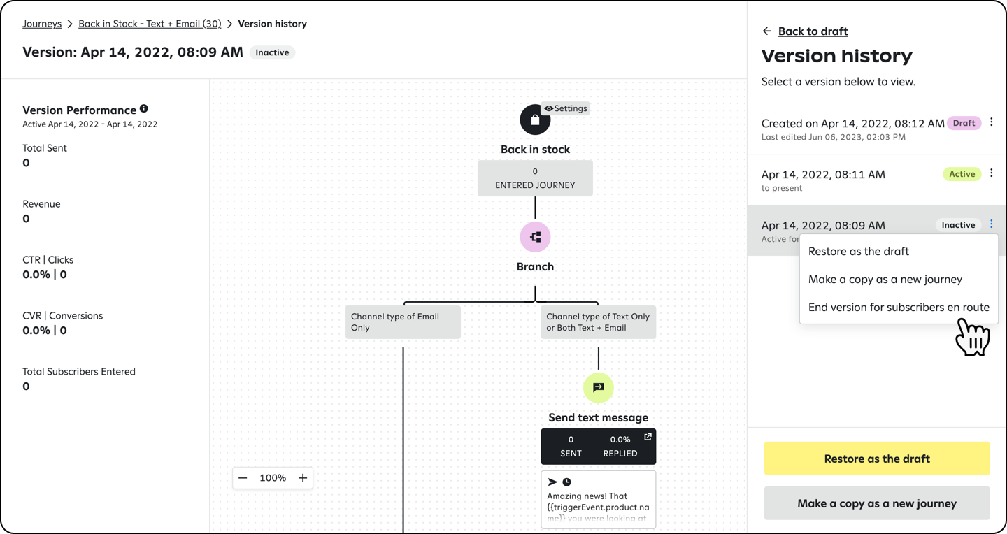 Options for managing a journey version.
