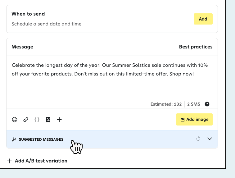 Clicking Suggested Messages to see messages automatically generated by Attentive AI.