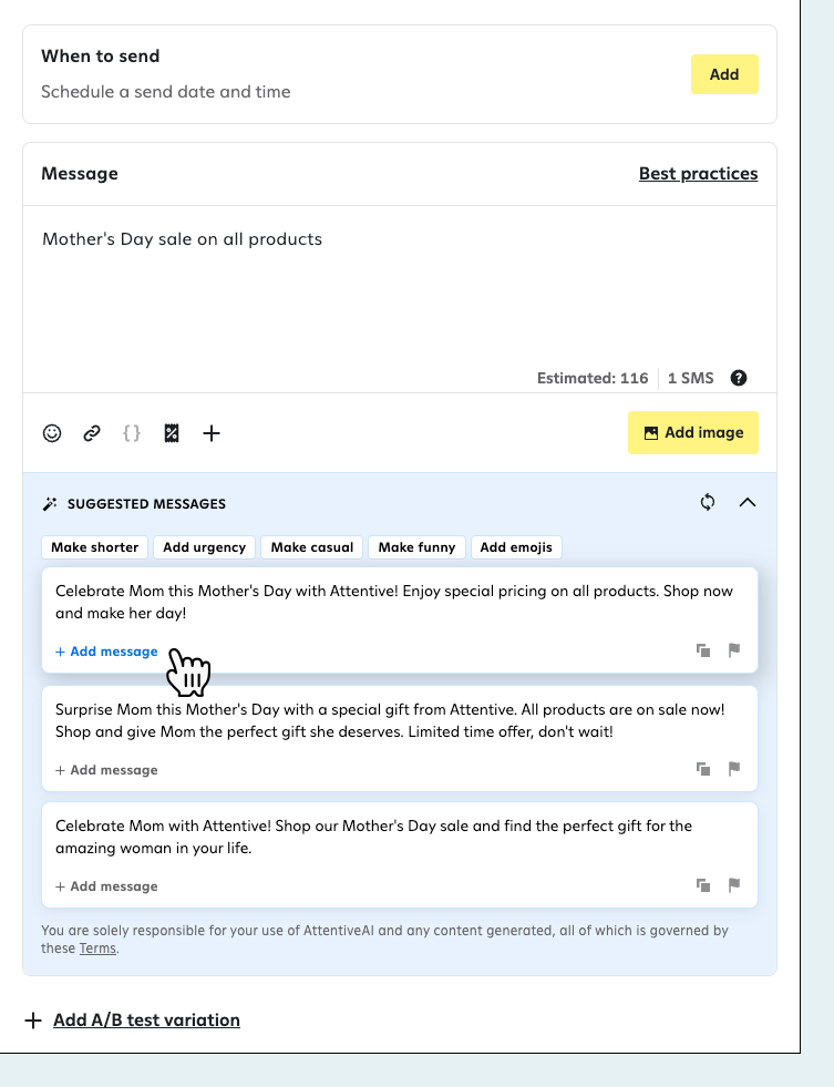 Selecting a suggested message generated by Attentive AI.
